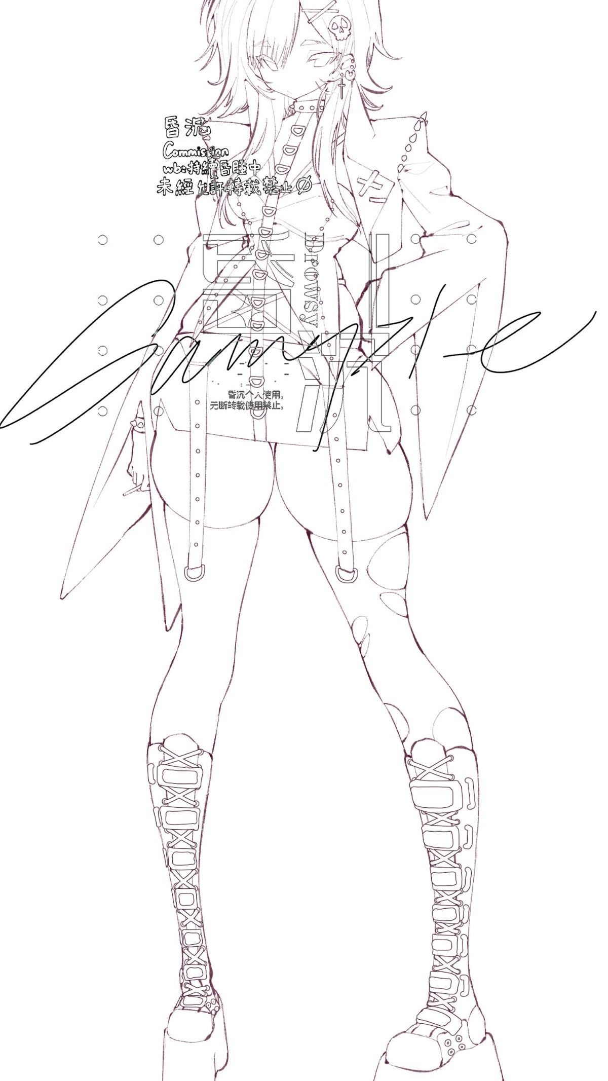 the image is a black and white sketch of a female character drawn in an anime/manga style. she is facing away from the viewer, showcasing an outfit with numerous straps, a jacket draped off her shoulders, and platform boots. the character has short hair and what appears to be a tattoo or marking on her face. the background is white, and the overall style of the sketch has a slightly rough, edgy aesthetic, hinting at a cyberpunk or futuristic theme.