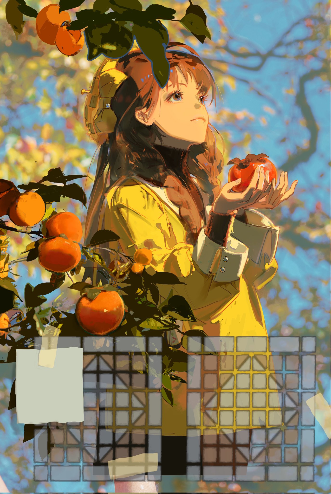 the illustration shows an anime girl with brown hair wearing a yellow coat. she is standing under a tree with orange fruits and is looking up at the sky. the background is a blue sky with clouds. the girl is smiling and holding an orange fruit in her hand. the illustration is done in a cartoon style.