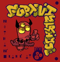 a cartoonish monster with three eyes and horns is illustrated in a dynamic pose. the monster is wearing oversized shoes and holding a small object in its right hand. the background is red and features stylized text in yellow and black, reminiscent of graffiti art. a barcode and a circular design with three dots are positioned in the bottom right corner. the overall aesthetic suggests a music album cover, with "nothin'" and "like it" flanking the central image and "sorry its personal" written vertically along the right edge.