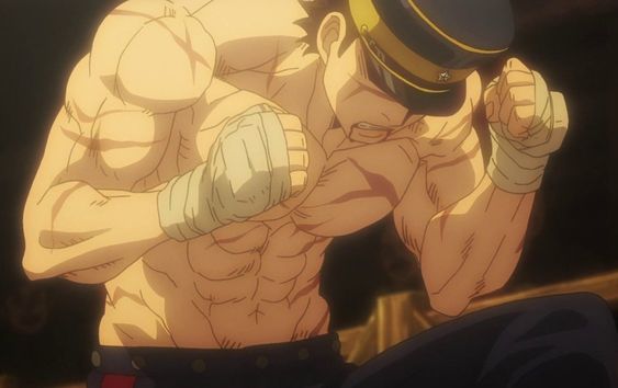 a muscular, barechested anime character with bandaged hands, wearing the bottom half of a darkcolored uniform and a militarystyle hat. he appears to be in the middle of a fight and is drawn with an intense, emotional expression, suggesting anger, rage, or determination.