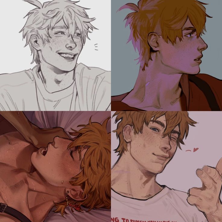 this image is a collage of four panels featuring a young animestyle man. in the top left panel, the man is drawn in a sketchy black and white style, with a closeup view of his face as he smiles. the top right panel shows the same man in a more fully rendered style, with his head turned in profile and his face illuminated by a soft, purple glow. the bottom left panel features the man lying down, facing away from the viewer, with his torso and head visible. he appears to be sweating and has a somewhat startled expression. the bottom right panel showcases the man in a similar style to the top right panel, but with a closer view of his face as he smiles and gives a playful thumbsup gesture. he has a pink blush on his cheeks and appears to be looking directly at the viewer.