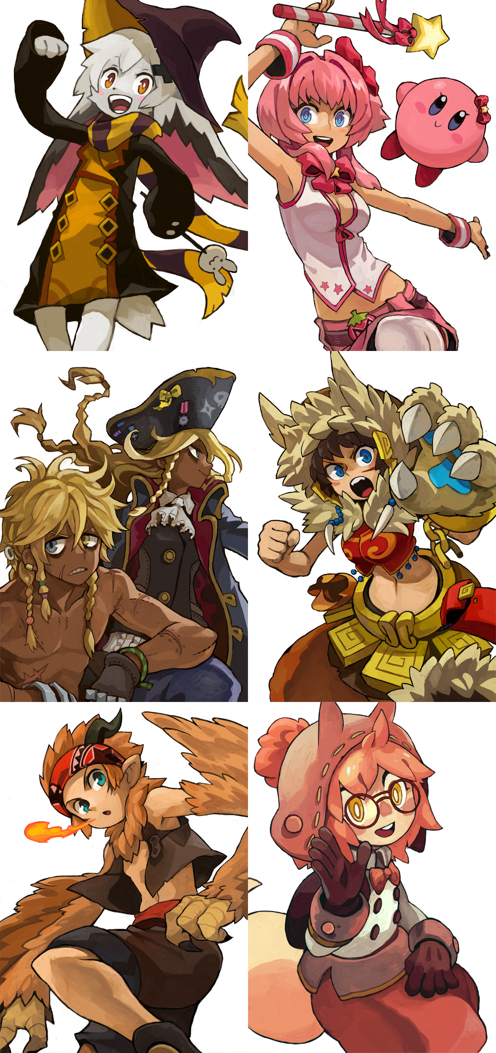 this image contains 6 illustrations of fantasy video game characters. the top left image features a young female witch with yellow and black clothing. the top right image features a female character with long pink hair wearing a pink and white outfit.  the bottom left image features a male character with brown hair and a yellow bandana, with brown fur and wings. the bottom right image features a female character with pink hair and pink and white clothing. the middle left image features a male character with blonde hair and a blue and red pirate outfit. the middle right image features a female character with brown hair and brown, red and yellow clothing.