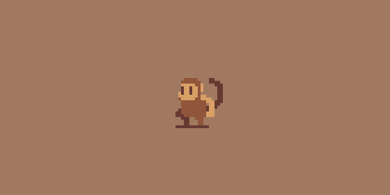 a pixel art monkey with a brown body and a beige face, standing on a thin brown platform against a light brown background. it has a curled tail and appears to be facing left.