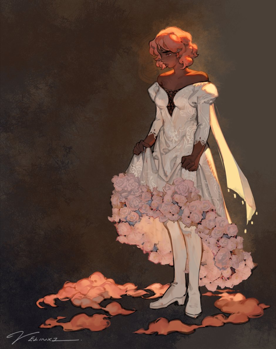 an illustration of a woman in a white dress with pink roses around the skirt. the woman has peachcolored hair and is standing on what appears to be pink clouds. the background is dark. she is also wearing white boots.