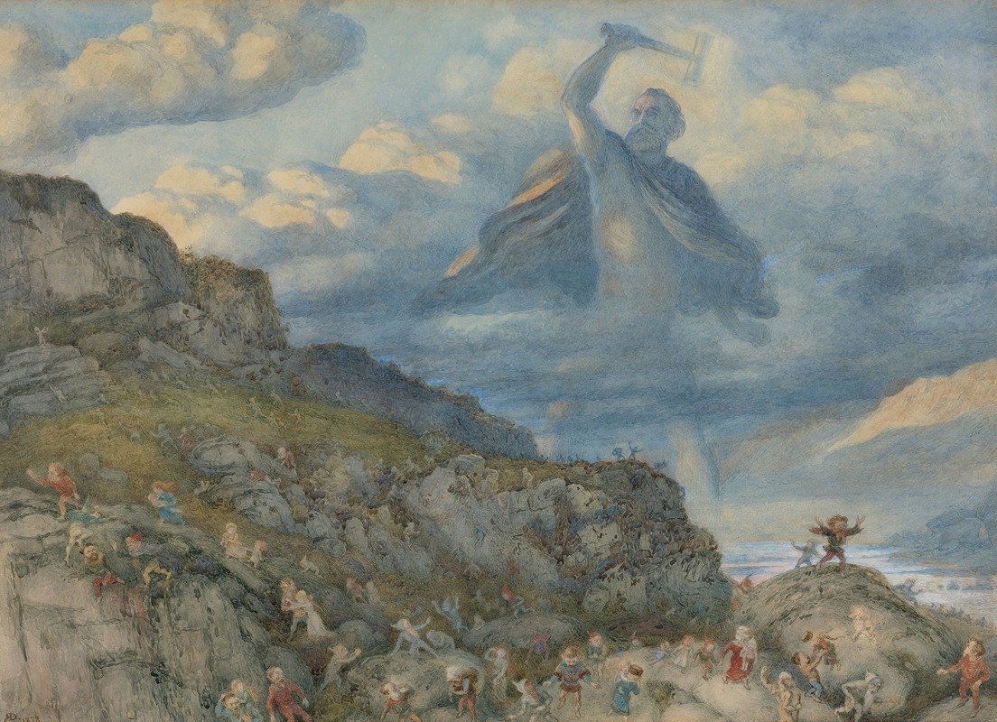 the image is a watercolor painting by hugo simberg titled "ragnarök." it depicts a scene inspired by norse mythology. in the sky, a large figure of thor is visible, holding his hammer aloft amidst the clouds. below him, a rocky landscape is populated by numerous dwarfish figures, many of whom appear to be fleeing in fear or panic. the scene suggests a chaotic event, possibly related to the mythological end of the world, ragnarök. the colors are muted, with blues, grays, and earth tones dominating the palette.