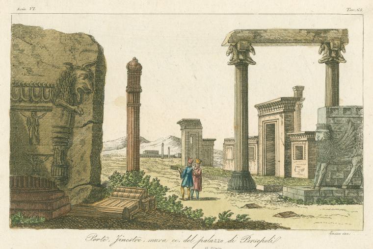 the image depicts an artistic rendering of the ancient ruins of persepolis. it features various pillars, including some with ornate carvings on top, along with sculptural elements. two people are standing in the foreground, observing the ruins. the overall aesthetic is reminiscent of an aged illustration or print.