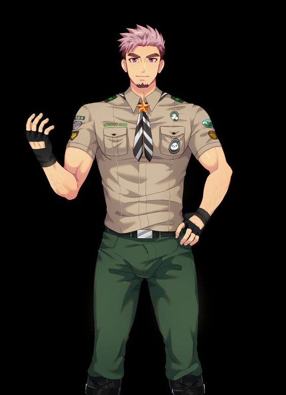 a muscular, animestyled man with pink hair and facial hair is posing against a black background. he wears a tan, shortsleeved uniform shirt with a collar, epaulets, patches, and a gold star medal. a black and white striped scarf is tied around his neck. his pants are olive green and he has fingerless gloves on both hands. the overall style of his outfit suggests a park ranger or scout uniform. his confident pose and friendly expression create a positive and approachable impression.
