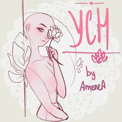 this image shows an anime style ych commission base. it features a cute,  pinkhaired girl with a flower in her hand. she is wearing a white dress and is standing against a lace background. the image includes the text "ych by amenea" at the bottom, indicating that the artwork is a commission. the pose and details are simple but attractive, suggesting that the artist is skilled in anime style art. this image is a great example of a ych commission that is likely to be popular among anime and manga fans.