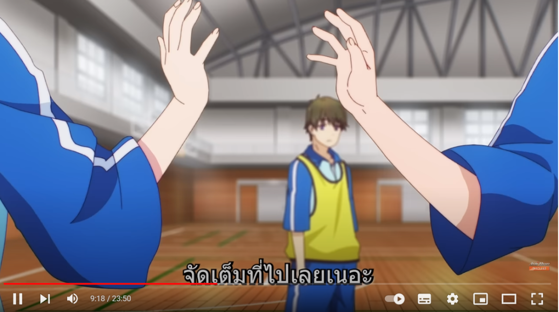 the image is a screenshot from an anime. it depicts a tense scene in a gymnasium where two girls attempt a celebratory high five, but their hands awkwardly miss as a boy stands dejectedly in the background. the framing suggests a failed connection and hints at unrequited love or a tense relationship dynamic, possibly within a love triangle.