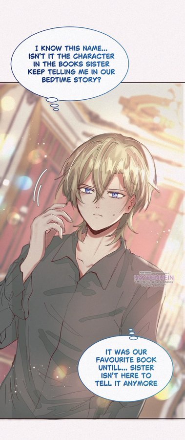 this is a comic panel featuring a young blonde haired boy with blue eyes. he is wearing a gray shirt and has a sad expression on his face. there are speech bubbles around him. the first speech bubble shows the character reminiscing on a story he used to hear from his sister. the second bubble shows him feeling heartbroken and regretful that his sister is no longer here to tell the story.