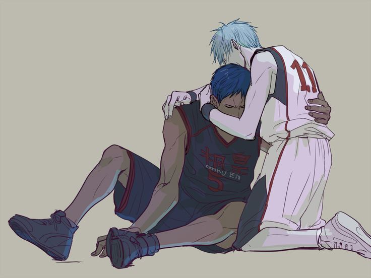 the image is fanart depicting a tender moment between kuroko tetsuya and aomine daiki from the anime kuroko no basuke. kuroko is sitting on the ground, seemingly upset or distressed, while aomine kneels beside him, embracing him in a comforting hug.  both characters are in their respective basketball uniforms, with kuroko's jersey displaying "seirin" characters. the art style is soft and evocative of emotion, emphasizing the closeness and bond between the two characters. the overall mood is one of comfort, support, and possibly unspoken affection.