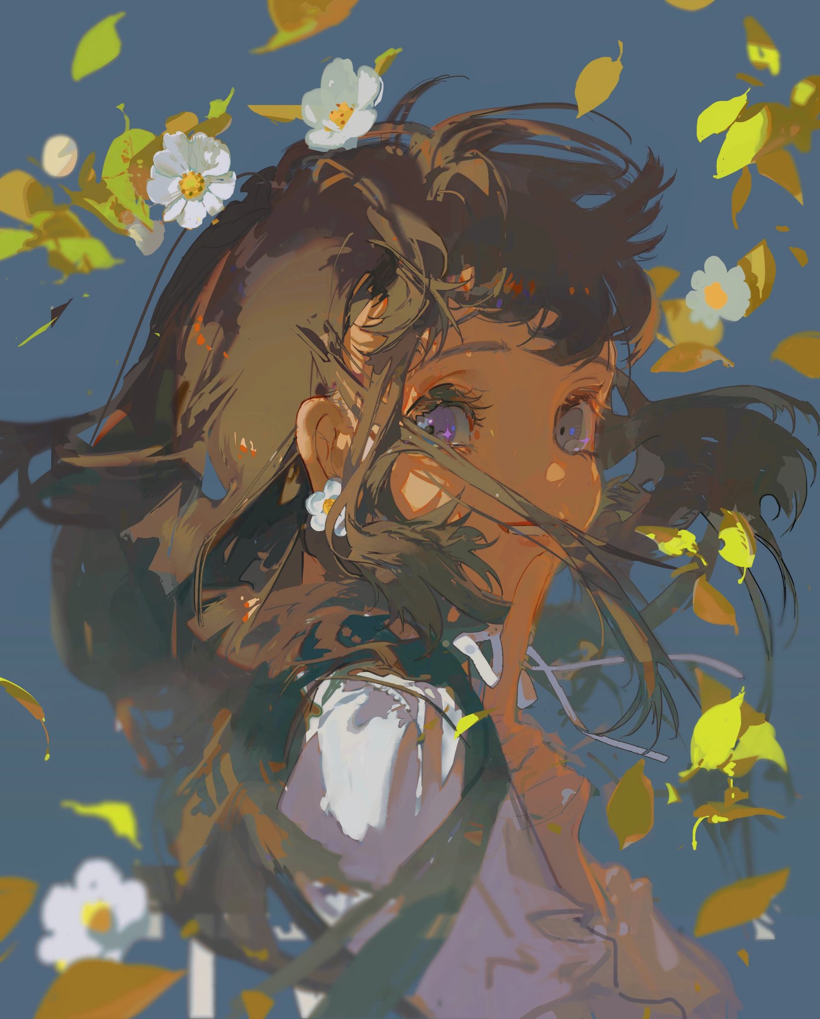 an anime styled digital painting of a girl with long black hair, with white flowers in her hair, and wearing a white and purple dress. the background is a blue and green watercolor wash with white flowers and leaves blowing in the wind. the girl is looking to the side, smiling. the overall mood of the painting is dreamy and romantic.