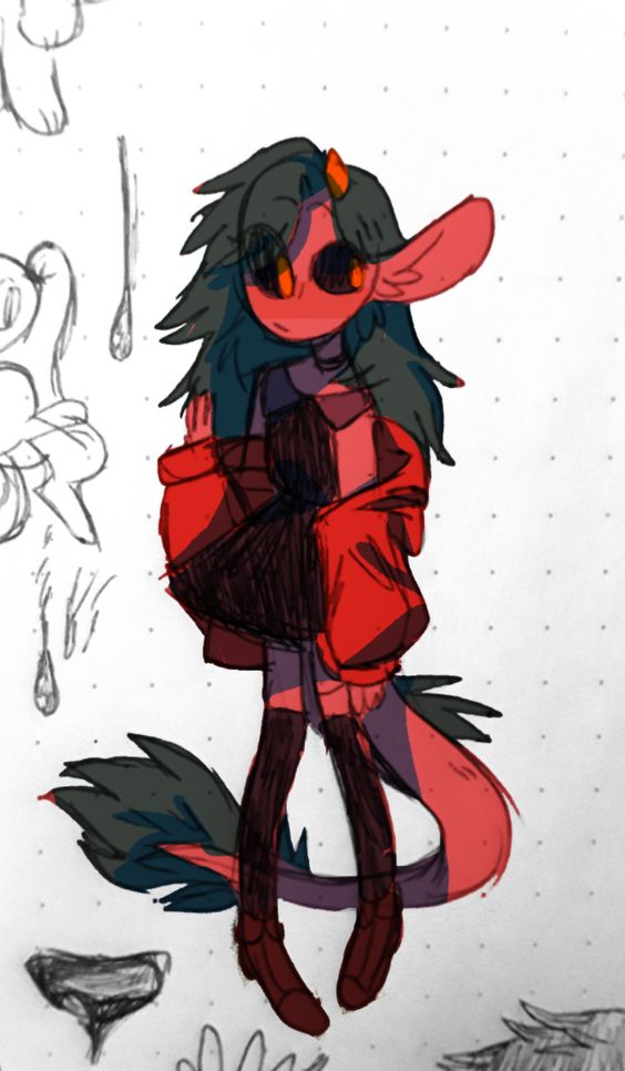 a fullbody sketch of a dragonlike character with long green hair and a red and pink body. they are wearing a red jacket, black shorts, and dark boots. the character has large horns and a long, curving tail. the drawing is done in a loose, sketchy style on a white background with a faint grid pattern. the overall palette is warm with red and orange tones.