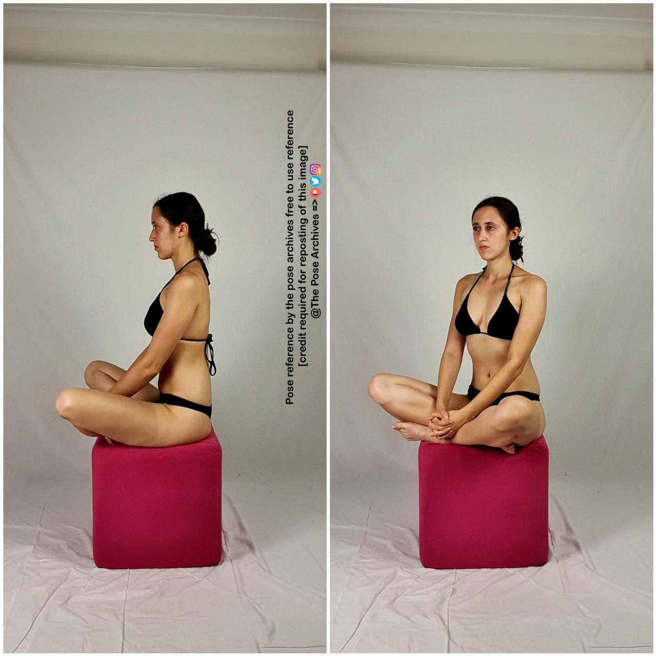 a woman in a black bikini is sitting crosslegged on a pink cube in front of a white backdrop. this is a reference photo for artists. ```