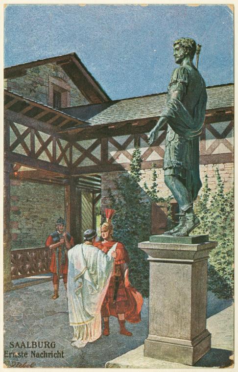 an illustration depicts a roman statue on a pedestal with three roman figures standing nearby. in the background is a building with an openair corridor with a halftimber design. the text "saalburg" and "erste nachricht" appear at the bottom left.
