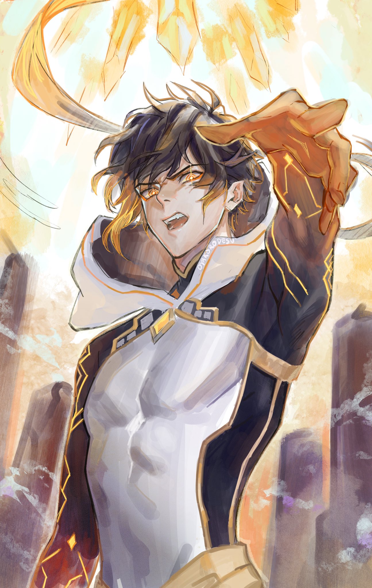 a digital illustration of a young anime male character. he has black hair, white shirt, black jacket, and yellow eyes. he is raising his right hand with glowing orange energy around it. there are glowing, yellow crystals in the background.