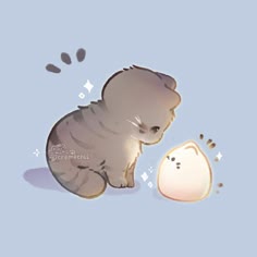 a cute cartoon cat with gray fur is looking at a fluffy round white cat. both cats are in a soft pastel art style, with the background a pale blue. the image conveys a sweet, gentle, and playful mood.