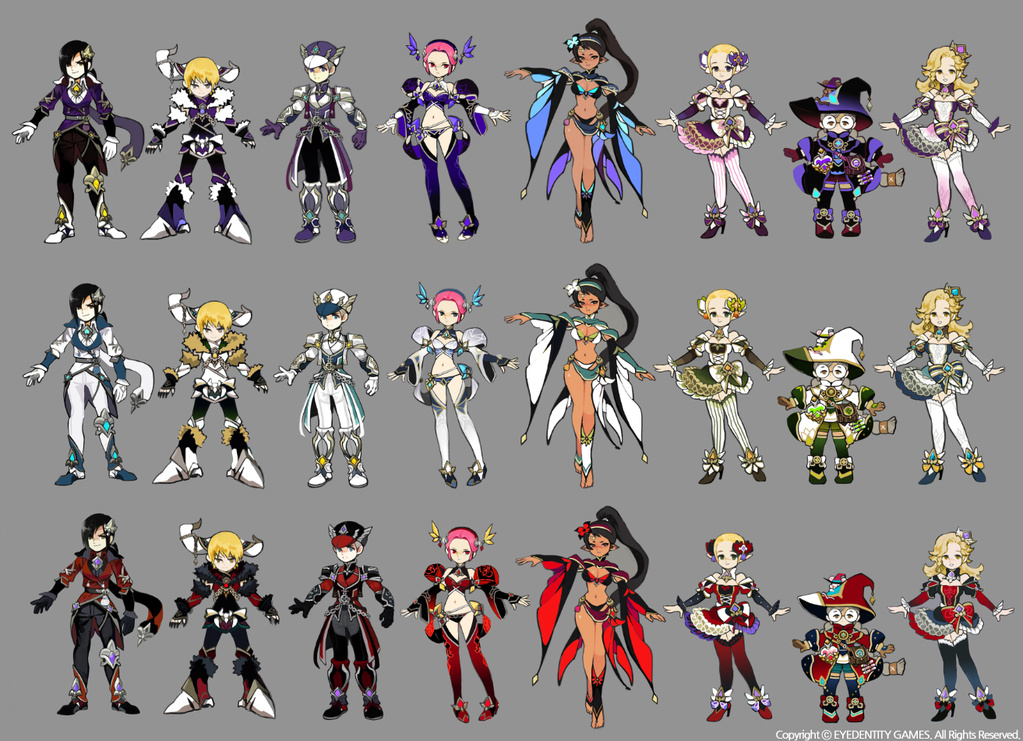 the image shows a collection of character design illustrations featuring various outfits and styles. the characters appear to be from a fantasy world, possibly inspired by anime or manga. the designs are whimsical and colorful, with a focus on intricate details and decorative elements. each character has a unique costume, showcasing a variety of aesthetics, from elegant gowns to playful costumes. the illustrations are rendered in a clean and polished style, emphasizing the visual appeal of the designs. the image suggests a playful and imaginative world, filled with diverse characters and engaging fashion choices.
