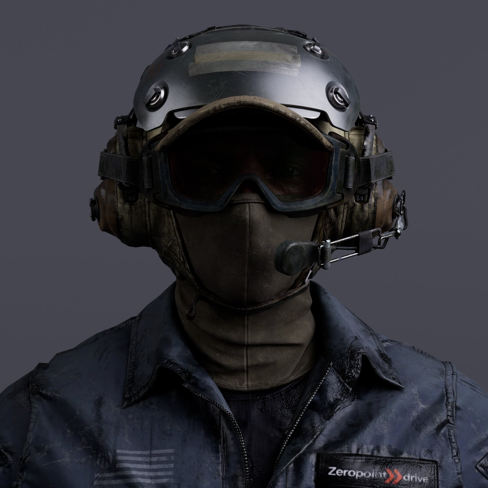 the image presents a detailed closeup render of a soldier's head and upper torso. the soldier is outfitted in full tactical gear, including a darkcolored, weathered helmet with integrated goggles, a balaclava that covers their face except for the eyes, and a dark blue flight suit or jacket with the logo "zeropoint drive" visible on the chest. the helmet appears to be wellused, suggesting the soldier may be experienced and battleworn. the overall tone of the image is dark and serious, conveying a sense of readiness and preparedness. the background is a simple, solid grey, focusing all attention on the soldier and their gear. the image quality is highresolution, showcasing the details of the textures and materials used in the rendering.  the american flag is faintly visible as a patch on the jacket.