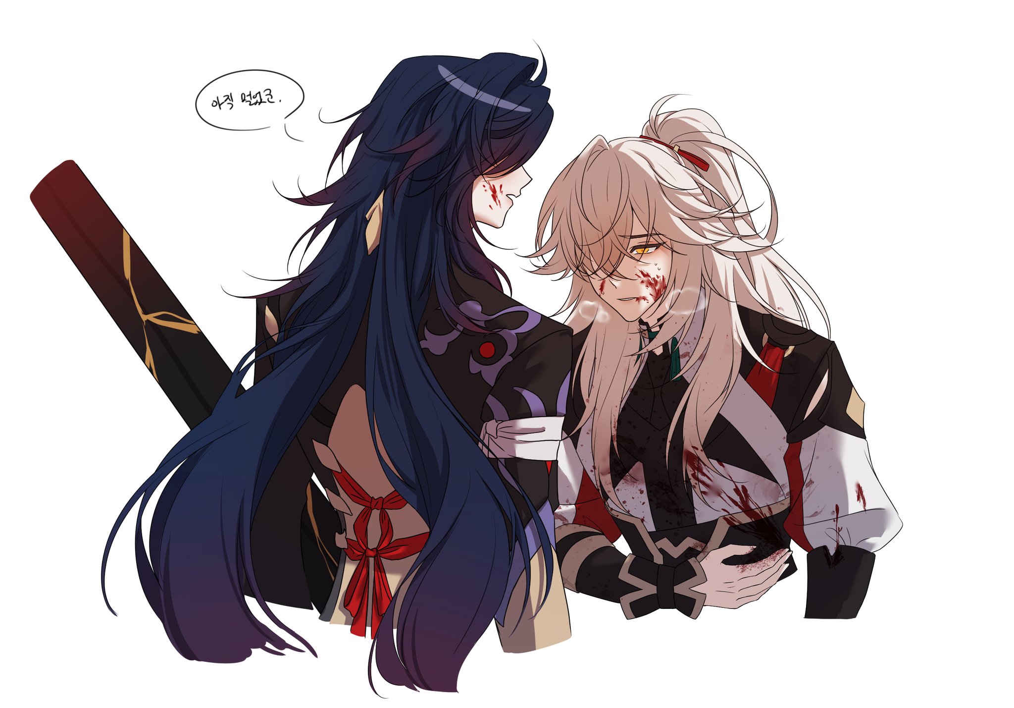 this is a digital illustration of two anime characters, one with long, flowing blue hair and the other with long, white hair, standing side by side. the one with blue hair is looking at the other with a worried expression. they are both injured and have blood on their clothes. the one with white hair appears to be sad and in pain.  a sword is in the background, behind the character with blue hair, and appears to be broken. the scene depicts a very emotionally charged moment between these two characters.
