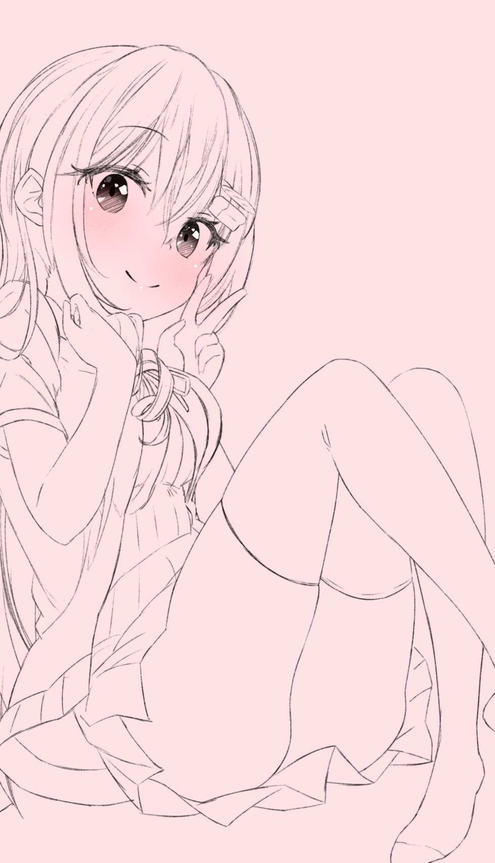 the image is a delicate, light pink colored sketch of an anime girl. she has long, straight hair, large expressive eyes, and a sweet, innocent expression. she's wearing a school uniform that includes a skirt and a top, and thighhigh stockings.  she is sitting in a pose with her hands near her face, making a peace sign with her fingers. the overall style is cute and kawaii. the background is a solid pale pink. the sketch is done in a soft, sketchy style with light pencil strokes, creating a charming and gentle overall impression.