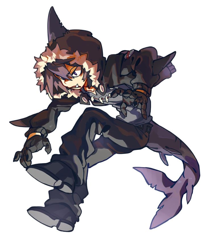 this is a digital illustration of a cartoon shark boy. he has a shark tail, fin and head. he is wearing black pants, a gray shirt, a black hooded jacket and black gloves with claws. his face is sharp and fierce, he is leaping and ready to attack with his claws and teeth.
