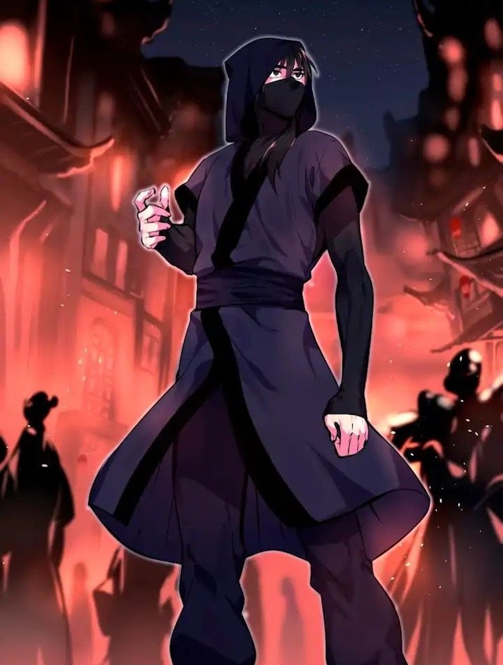 this image features a darkhaired anime man standing in a shadowy, redlit city. he is wearing a dark, hooded robe, a black mask and has a serious expression on his face. his clothing is flowing as he walks through the city. the dark background gives a sense of mystery, and the red light gives a feeling of danger.