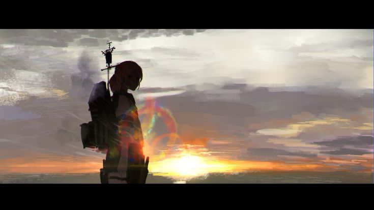 an animestyle image depicts a girl standing on what appears to be a ship, silhouetted against a vibrant sunset. the sky is filled with dynamic clouds, and the overall mood is melancholic and pensive. the girl has a large backpack and some kind of structure on top of her head. the colors are warm and reflective, enhancing the emotional tone of the scene.