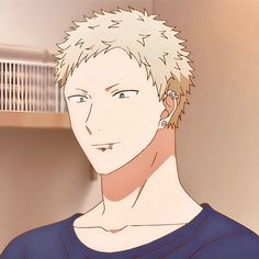an anime character with spiky blonde hair, piercings, and a smirk. he's wearing a simple blue shirt. the background is a pale yellow.