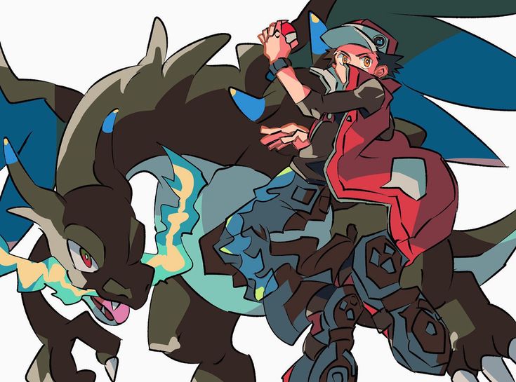 the image is a vibrant and stylized piece of fanart depicting a pokémon trainer, strongly resembling red from pokémon red and blue, riding on a dragonite. the dragonite is rendered in dark earthy tones, with teal accents along its body, and is powerfully depicted. red is shown in a dynamic pose, wearing his classic red jacket and cap, holding a poké ball, seemingly in the midst of a battle. the art style is unique, with clean lines and bold colors, suggesting an anime or manga influence. the overall composition is energetic and dynamic, capturing a sense of movement and action. the background is simple, allowing the focus to remain on the characters.