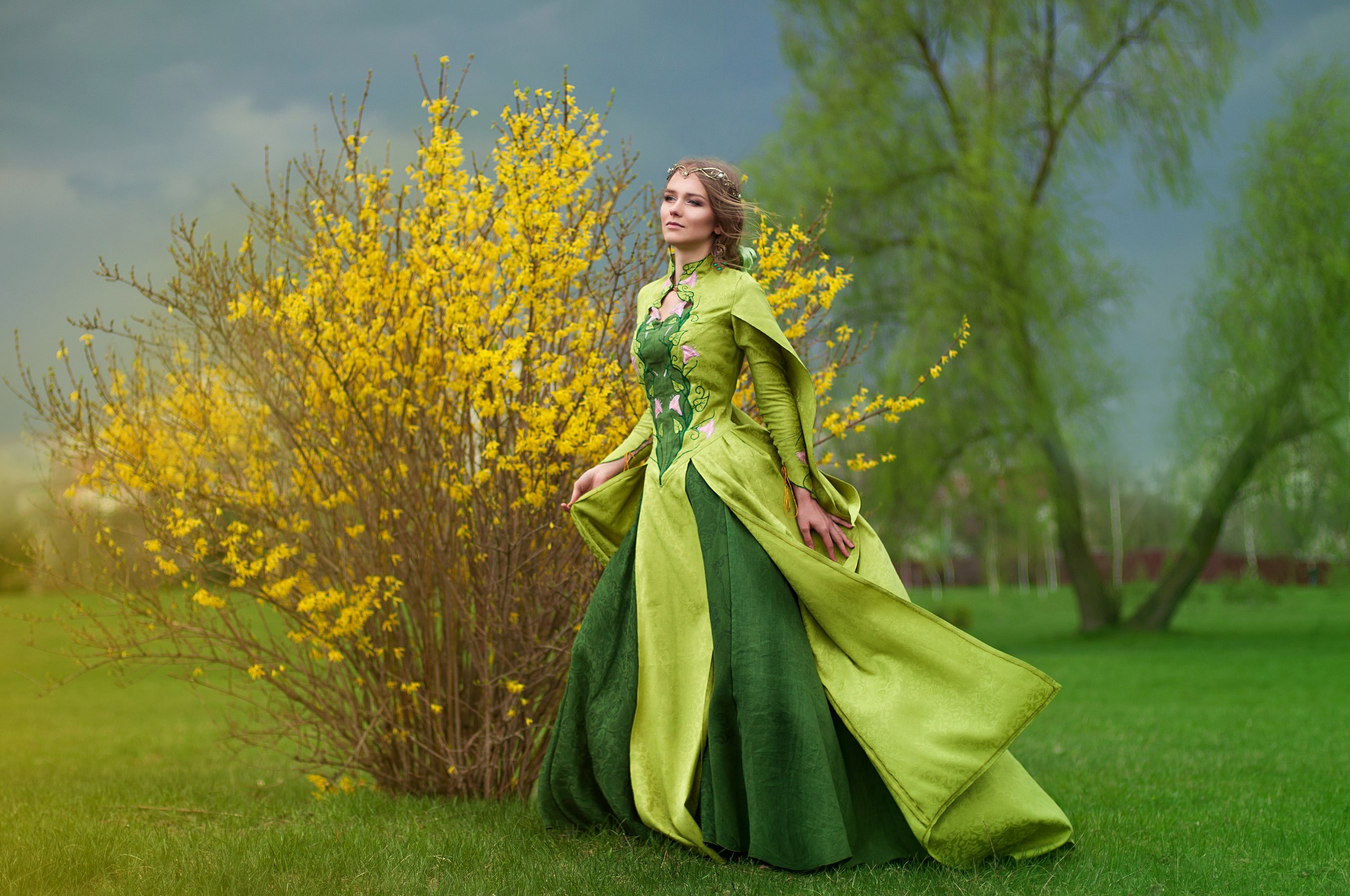 a woman in a green elvenstyle dress stands in a meadow near a bush with yellow flowers. she is wearing a crown and the sky is overcast.