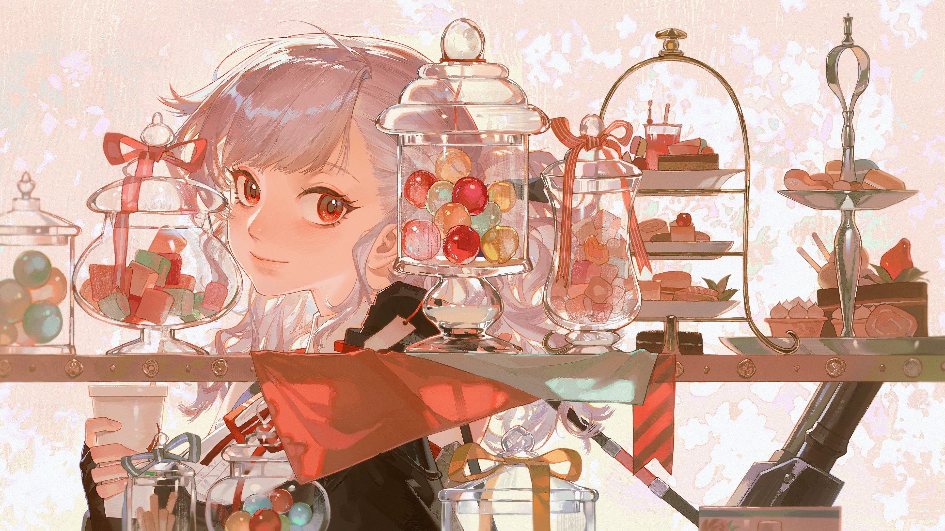 a young anime girl with long white hair is holding a teacup and sitting at a table with many sweet treats. she is wearing a red jacket and skirt and has pink and blue eyes. the table is decorated with sweets like cakes, candy, and macarons. the girl is looking at the viewer with a smile. the background is light pink with many white dots.