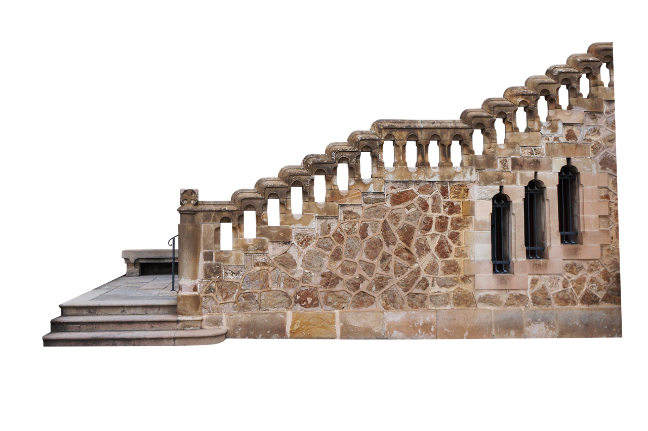 a stone wall with stairs ascending along its side. the wall is constructed from various sizes and shapes of stone, and it features arched openings with a balustrade on top that rises in steps. the stairs are also made of stone. the background is solid black, isolating the structure.