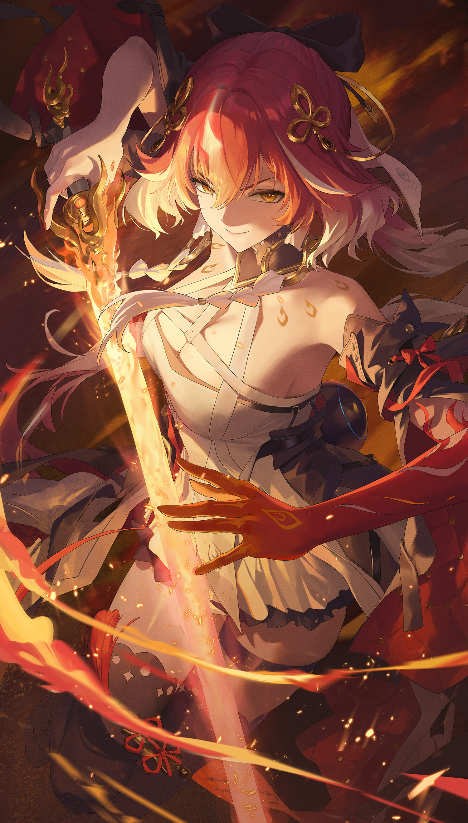 the image depicts a female anime character with long pink and white hair, wielding a glowing sword. she is dressed in a white and red outfit with intricate details. the background is dark and mystical, illuminated by the warm glow of the sword and sparks of fire. the overall atmosphere is dynamic and actionpacked.