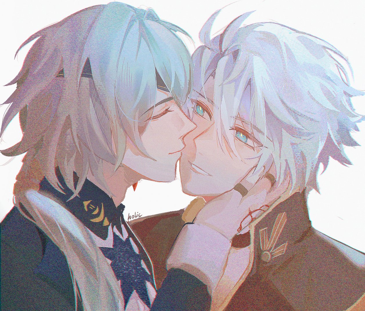 the image shows a fan art illustration of two male animestyle characters kissing. the character on the left has light blue hair and a headband. the character on the right has white hair and is smiling. the characters appear to be alhaitham and kaveh from the game genshin impact. the artwork conveys a romantic and loving tone.