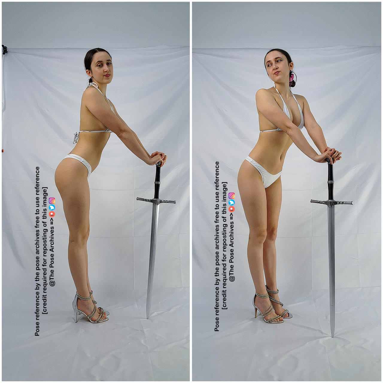 a young woman in a white bikini stands in front of a white background, leaning on a silver sword. she is posing for the camera with a neutral expression. the image is a reference photo for artists, with credit required for reposting.