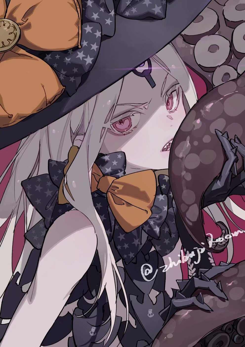 illustration of an anime witch character wearing a witch hat decorated with stars, an orange bow, and a pumpkinshaped ornament. she has gray hair, red eyes, and fair skin. she is clutching a large octopus tentacle in her blackgloved hands, which have sharp, spiky protrusions.