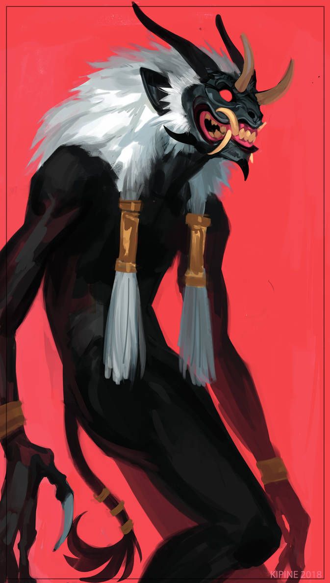 a digital illustration of a demonic creature with black fur and horns. it has a black mask with white fur around its head and a fierce expression with sharp fangs. the background is a solid red. the image has a painterly style with loose brushstrokes and a stylized appearance.