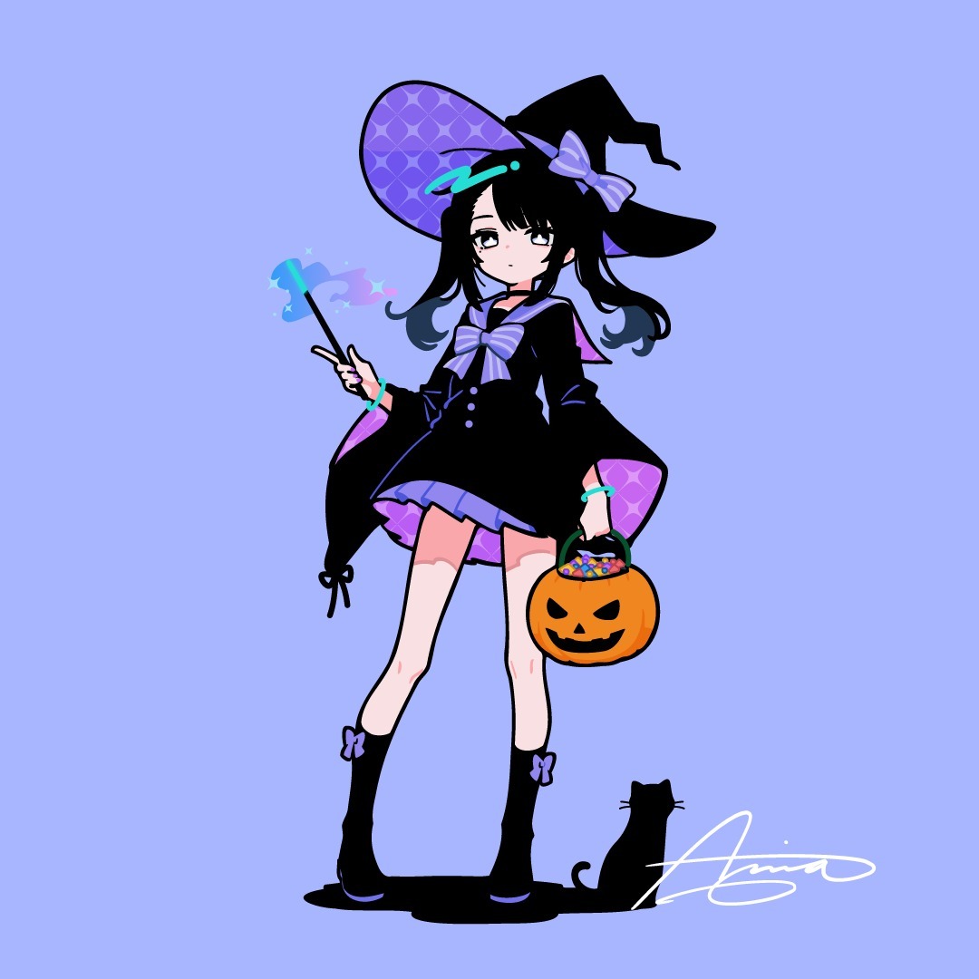 the image is a digital illustration of a cute animestyle girl dressed in a witch costume for halloween. she's wearing a large purple and black witch hat, a black dress with purple accents, and kneehigh black boots with purple bows.  she holds a glowing purple magic wand in one hand and a pumpkin bucket filled with candy in the other. a small black cat sits behind her. the overall style is kawaii and pastel goth, with soft colors and a slightly spooky yet charming atmosphere.  the background is a light purple. the artist's signature is subtly included in the bottom right corner.
