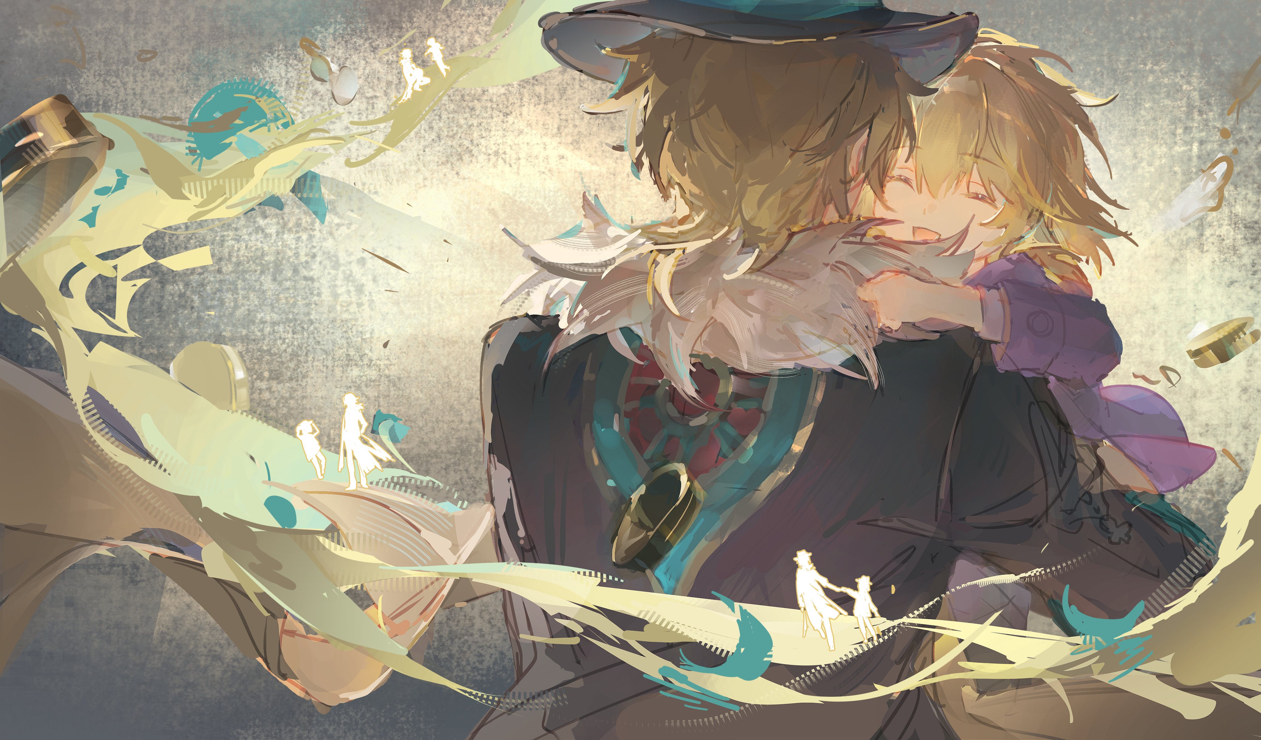 the image is a digital painting depicting an animestyle scene of a man and a child embracing. the man has blond hair and is wearing a hat and a long coat. the child has blond hair and is wearing purple clothing. they are surrounded by an abstract background with flowing lines and soft colors, giving a dreamlike, ethereal quality to the scene.  the overall feeling is one of warmth, love, and nostalgia.  there are small, faintly rendered figures in the background which suggest memories or a journey. the art style is loose and painterly, with a focus on mood and atmosphere.