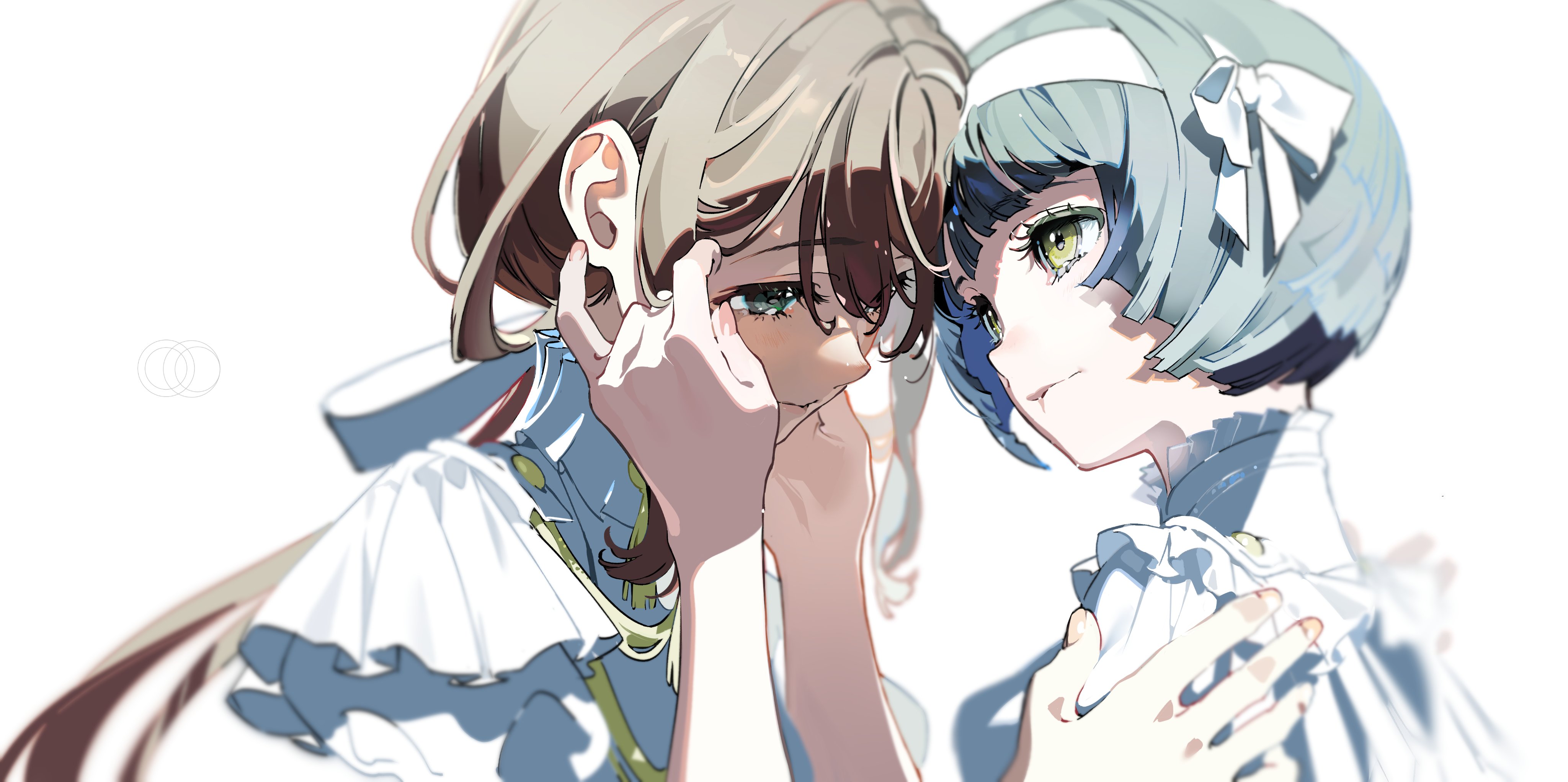 the image showcases a digital illustration featuring two young women, likely anime characters, drawn in a stylized and expressive manner. one woman with long brown hair, partially obscuring her face with her hand, appears to be upset or crying. the other woman, with tealblue hair and a gentle smile, offers comfort and support. both women wear elegant, white, ruffled attire reminiscent of historical or fantasy fashion. the art style emphasizes soft lighting and delicate linework, creating a tender and emotional atmosphere.