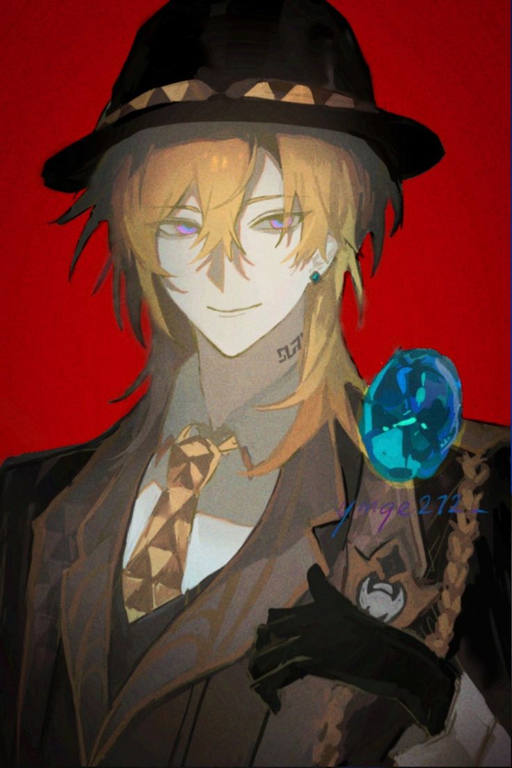the image is a stylized digital fanart depicting a male anime character. he has long, blond hair, striking violet eyes, and is wearing a darkcolored suit with a patterned tie and a fedorastyle hat. he holds a teal orblike object in his right hand, and his expression is serious. the background is a solid, deep red.  the overall style is elegant and mysterious, with a focus on detail in the character's clothing and features. the art style is somewhat painterly and slightly textured.