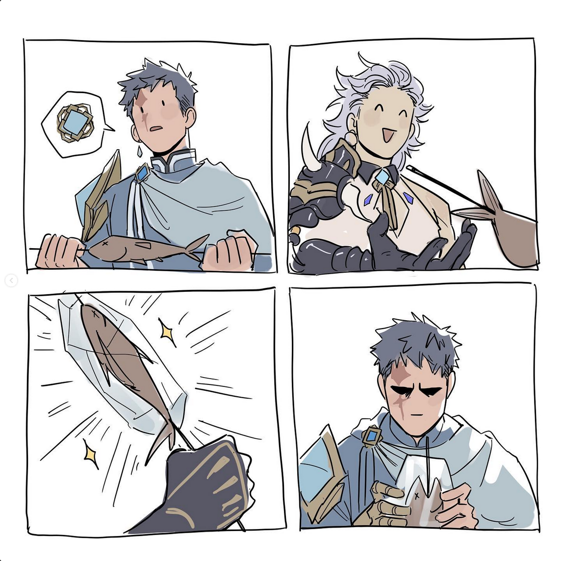 the comic shows a fourpanel sequence featuring two male characters. in the first panel, one man sweats nervously while holding a regular fish. the other man smiles happily, cradling a small object. the second panel reveals the object to be a tiny, frozen fish. the third panel focuses on a hand holding the now enlarged, fully frozen fish. the final panel shows the first man again, now scowling with jealousy as he examines a glass of ice with a tiny fish frozen inside.