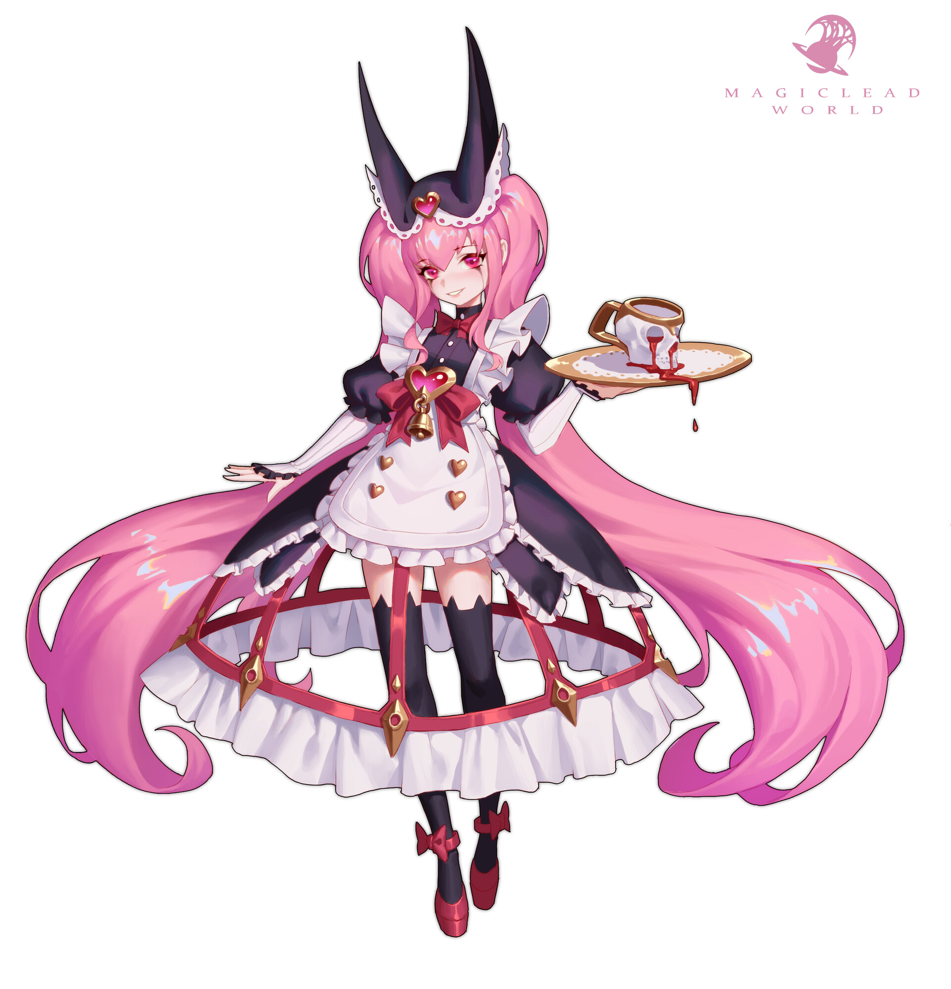 the image is a fullbody illustration of an anime girl dressed in a maid outfit. she has long, flowing pink hair and distinctive black horns. she's holding a tray with a teacup on it, and the cup is spilling a red liquid, likely blood. she is wearing a maid outfit complete with ruffles, an apron adorned with hearts, and a bell around her neck. she is also wearing stockings and matching shoes. she has pink eyes and a slightly mischievous expression. the style is reminiscent of manga art, and the overall impression is a blend of cute and slightly unsettling.