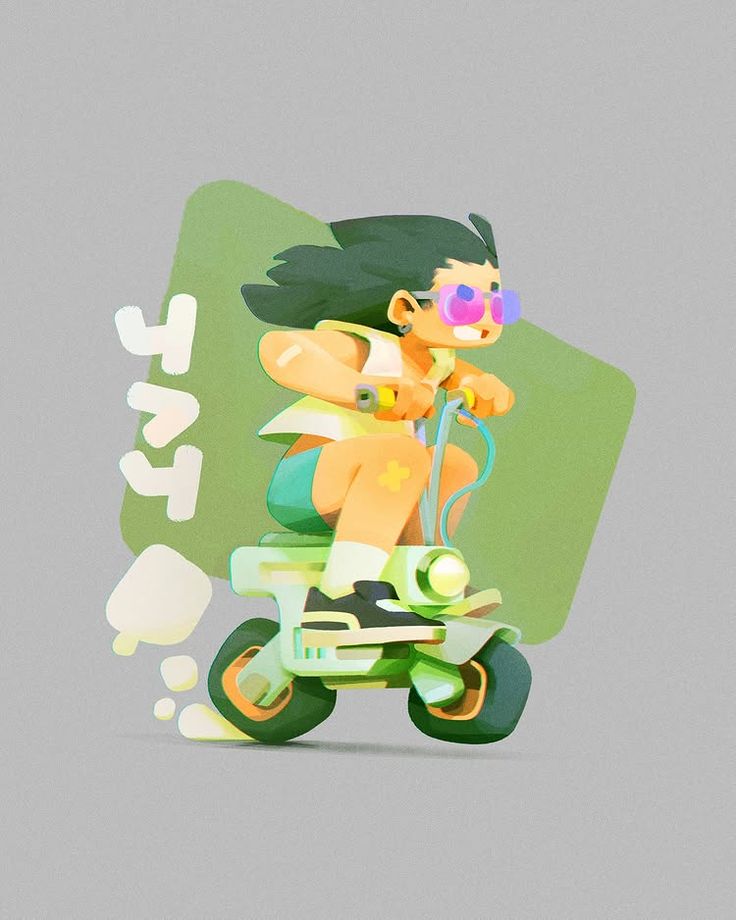 a stylized cartoon illustration of a person riding a green scooter with yellow accents. the person is wearing sunglasses, a yellow top, and green shorts. the person's hair is blowing in the wind, and there is motion blur around the scooter, suggesting speed. there is text in the background. the overall style is reminiscent of vector art.