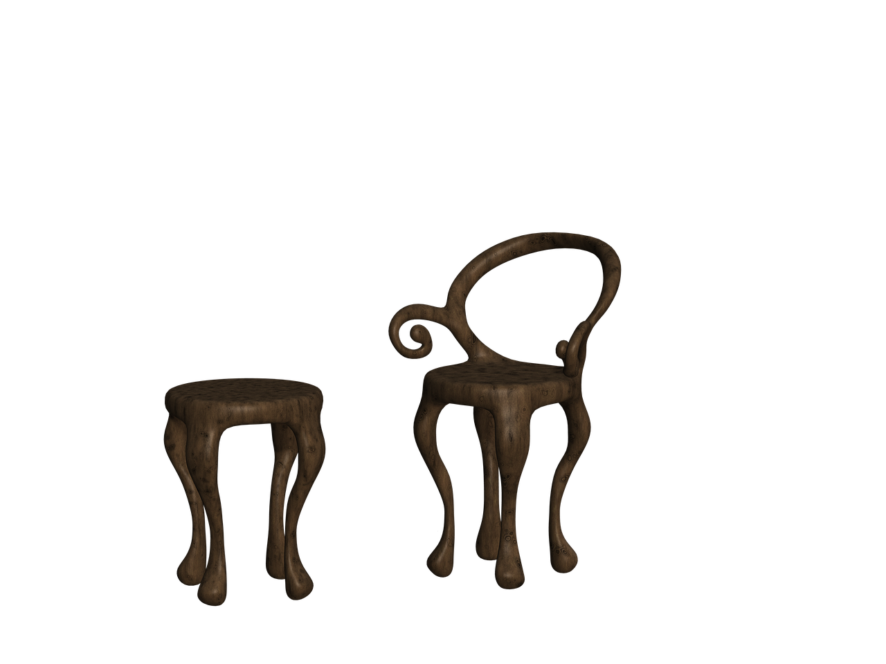 the image shows two pieces of furniture, a chair and a stool, against a black background. both pieces appear to be made of wood and have a unique, somewhat whimsical design with curved legs. the chair has a curved back and the stool is a simple, round seat.