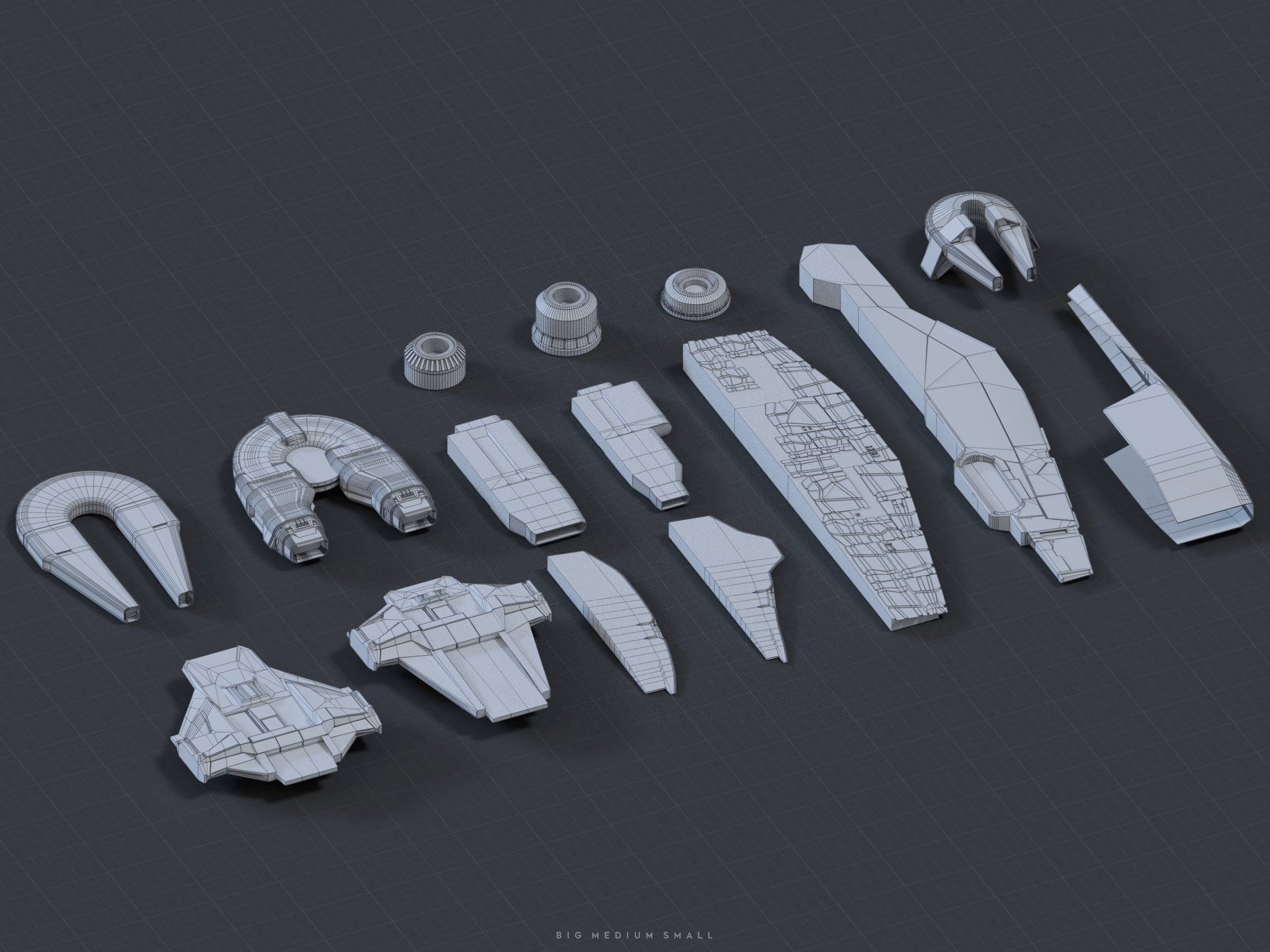 this image shows a 3d wireframe model of a spaceship broken down into its individual components. the parts are arranged on a dark grey background, and vary in size from large hull sections to small engine nozzles.  the wireframe style makes the internal structure of each part visible. the caption "big medium small" suggests that the parts represent different sizes. the overall impression is a technical design schematic or a model visualization for a spacecraft.