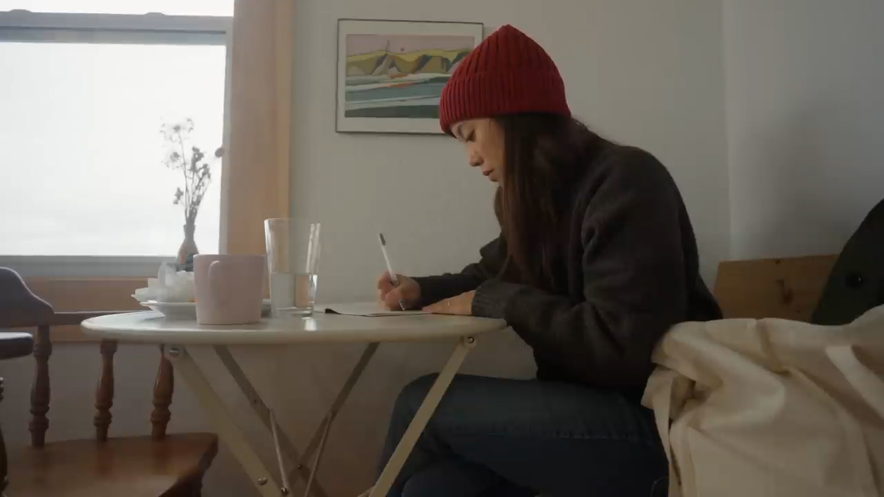 a young woman wearing a red beanie sits at a small white table by a window, writing on a postcard. the scene is bathed in soft natural light from the window. the room is cozy and minimally decorated, with a wooden chair and a simple wall hanging. a mug and a glass of water sit on the table beside her.  the overall atmosphere is peaceful and serene.