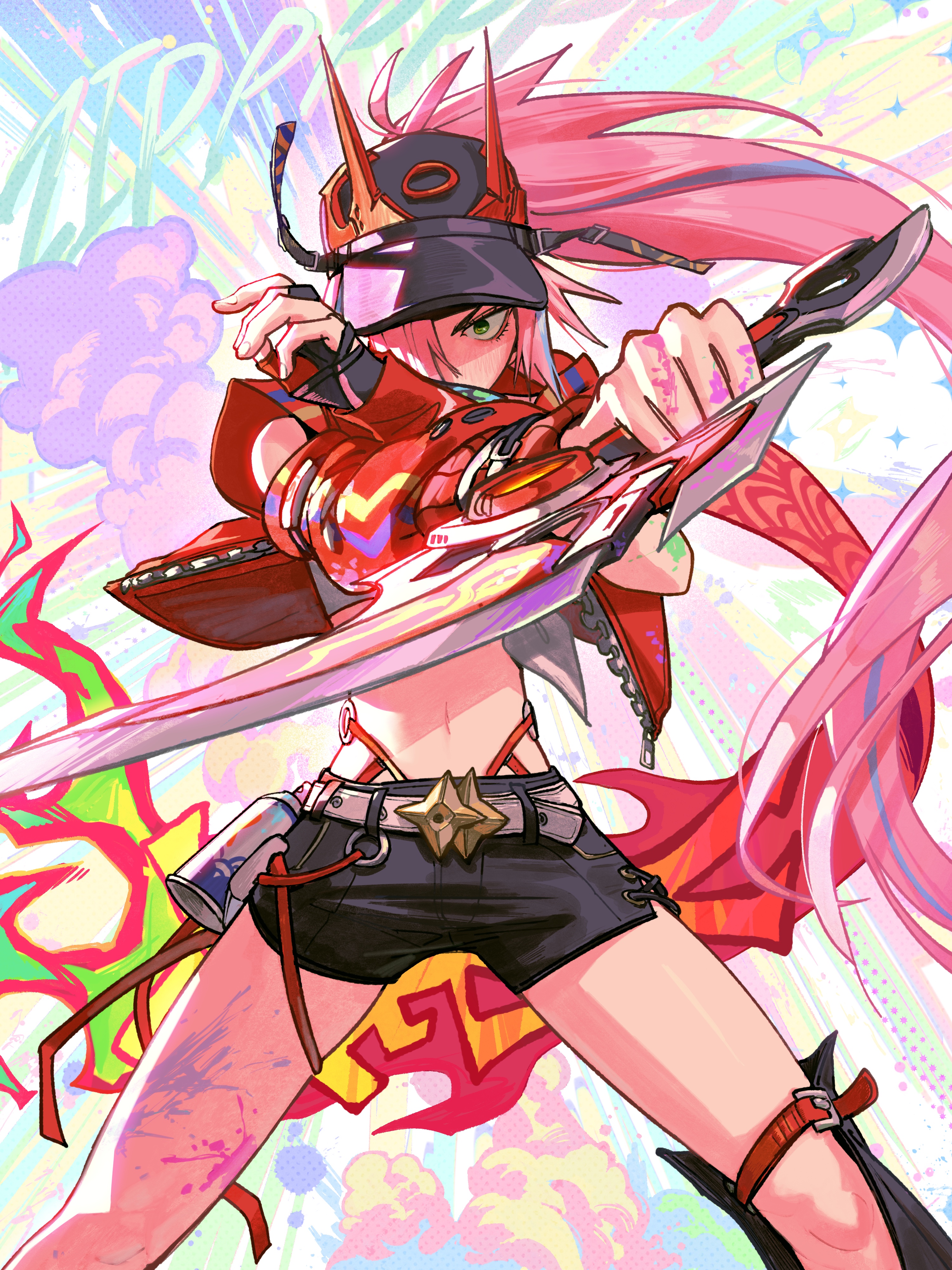 the image is a vibrant and dynamic digital illustration of an animestyle female character. she's depicted in a powerful pose, wielding a large, stylized sword or katana. her attire is a mix of cyberpunk and street style elements, including a red jacket with graffitilike designs, black shorts, and a distinctive headgear resembling a visor with horns or spikes.  her long pink hair flows dramatically, contributing to the overall sense of movement and energy. the background features splashes of vibrant color and graffitistyle patterns, complementing the character's aesthetic. the overall style is highly stylized and expressive, with a focus on bold lines, dynamic composition, and a striking color palette.  a spray paint can is visible on her hip, further emphasizing the street art theme.