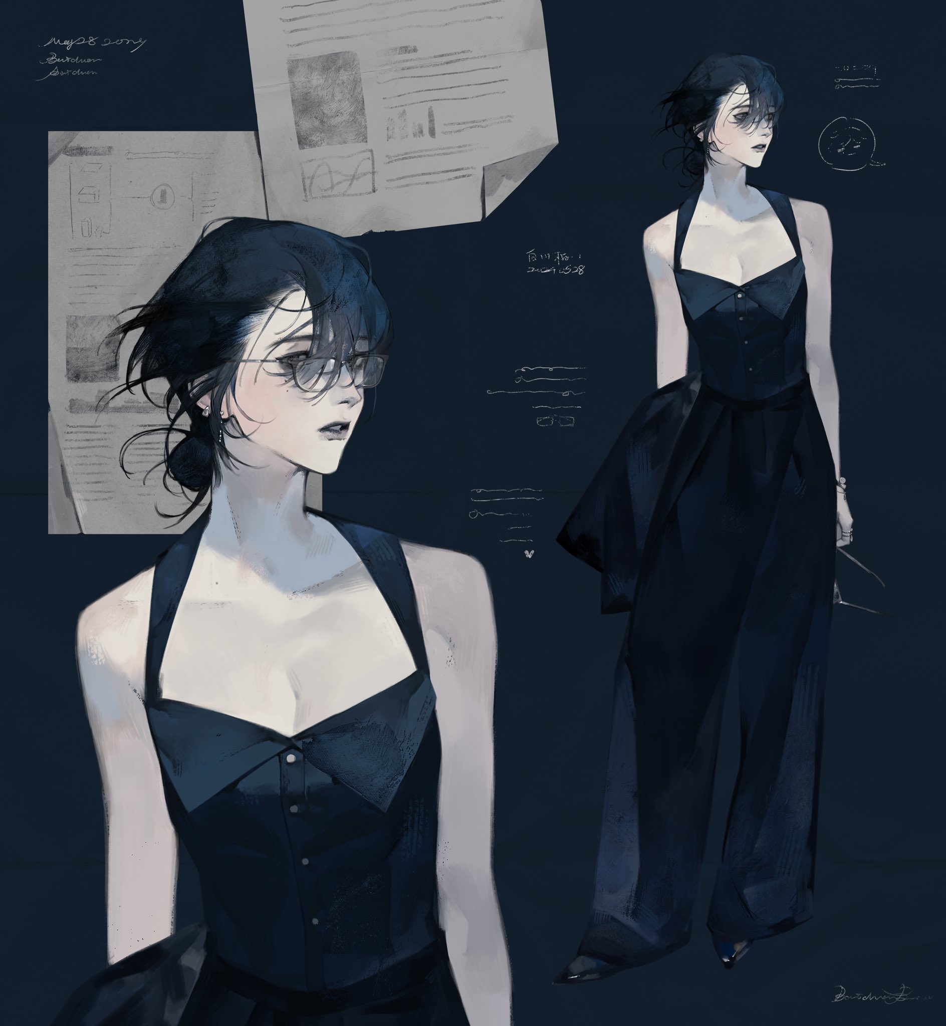 this illustration is a beautiful and stylish depiction of a woman in an elegant and fashionable dark blue outfit. the woman is a young and attractive anime girl with long black hair and cool facial features. she is wearing a stylish black sleeveless halter top with a black button up vest and a pair of wide leg pants. she also wears stylish dark sunglasses. the artwork is rendered in a cool blue and gray palette, and features a minimalist style with a focus on the characters features and fashion.  the background is simple and abstract, letting the woman be the focus of the picture. the art has a sense of mystery and sophistication and is perfect for fashion and beautyrelated media.